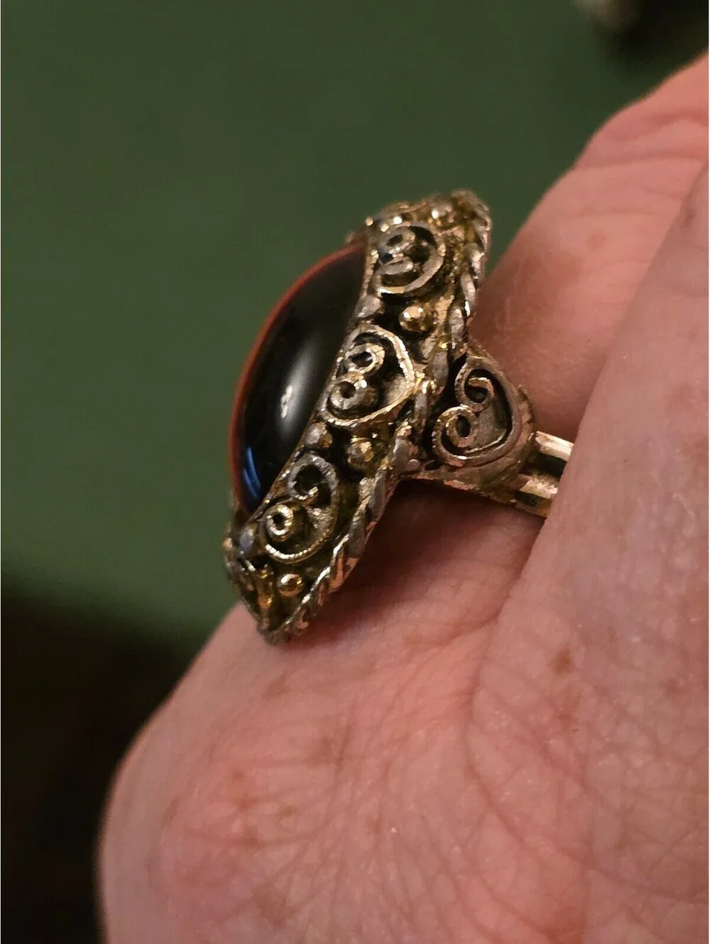 Vintage 1970s Black Red Stripe Oval Cabochon Filigree Cocktail Ring Adjustable